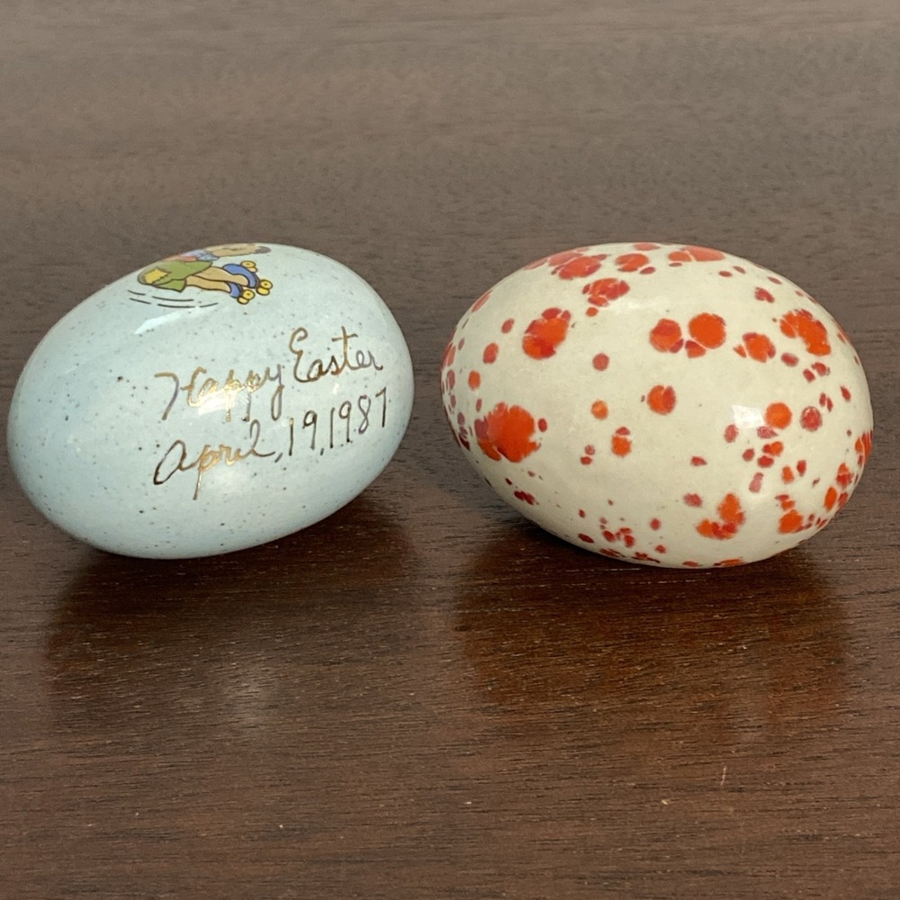 Vintage Eggs Hand Painted Ceramic Set of 2 Speckled Egg Whimsical Decor